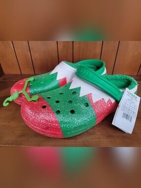 New Crocs  Adult Classic Lined Holiday Glitter Elf Fuzzy Xmas Clogs Mens 13